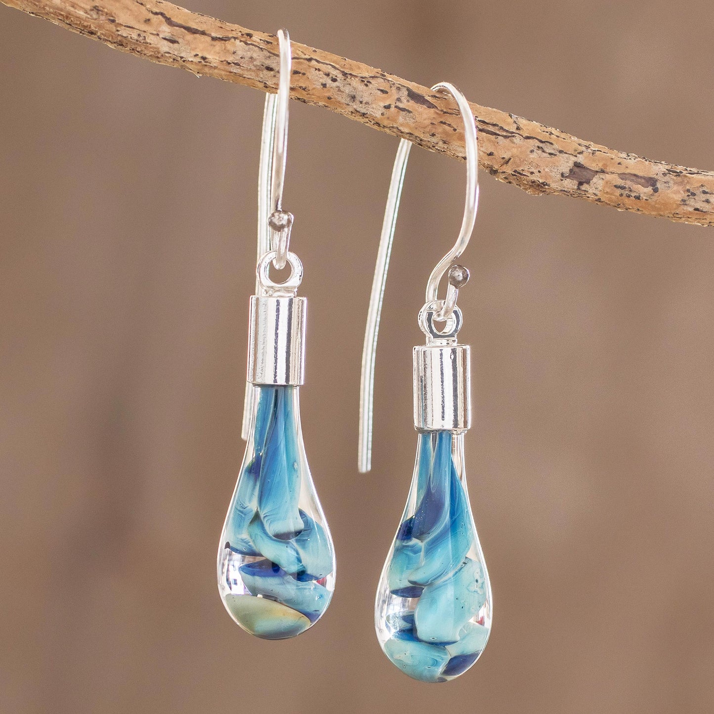 Flirty Waves Blue Art Glass Dangle Earrings from Costa Rica