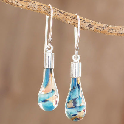 Rain of Color Blue and Pink Art Glass Dangle Earrings from Costa Rica