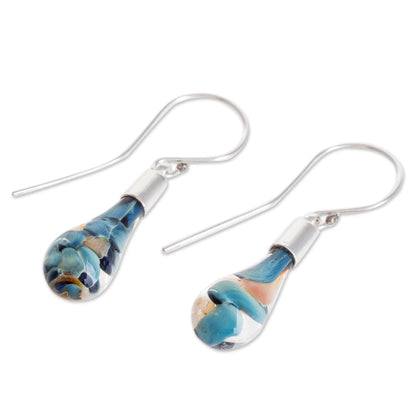 Rain of Color Blue and Pink Art Glass Dangle Earrings from Costa Rica