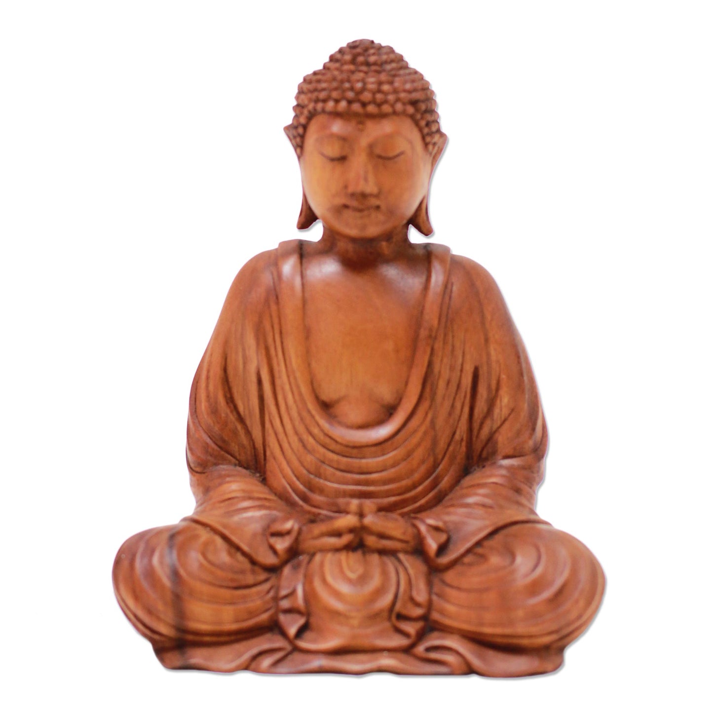 Let Peace In Hand-Carved Suar Wood Buddha Sculpture from Indonesia