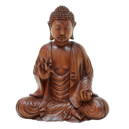 Enlightened Buddha Meditative Suar Wood Buddha Sculpture from Indonesia