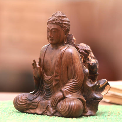 Leave Unrest Behind Hand-Carved Hibiscus Wood Buddha Sculpture from Indonesia