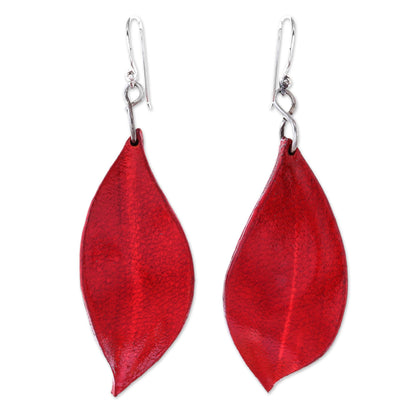 Fanciful Leaves in Red Leaf-Shaped Leather Dangle Earrings in Red from Thailand