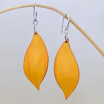 Fanciful Leaves in Yellow Leaf-Shaped Leather Dangle Earrings in Yellow from Thailand