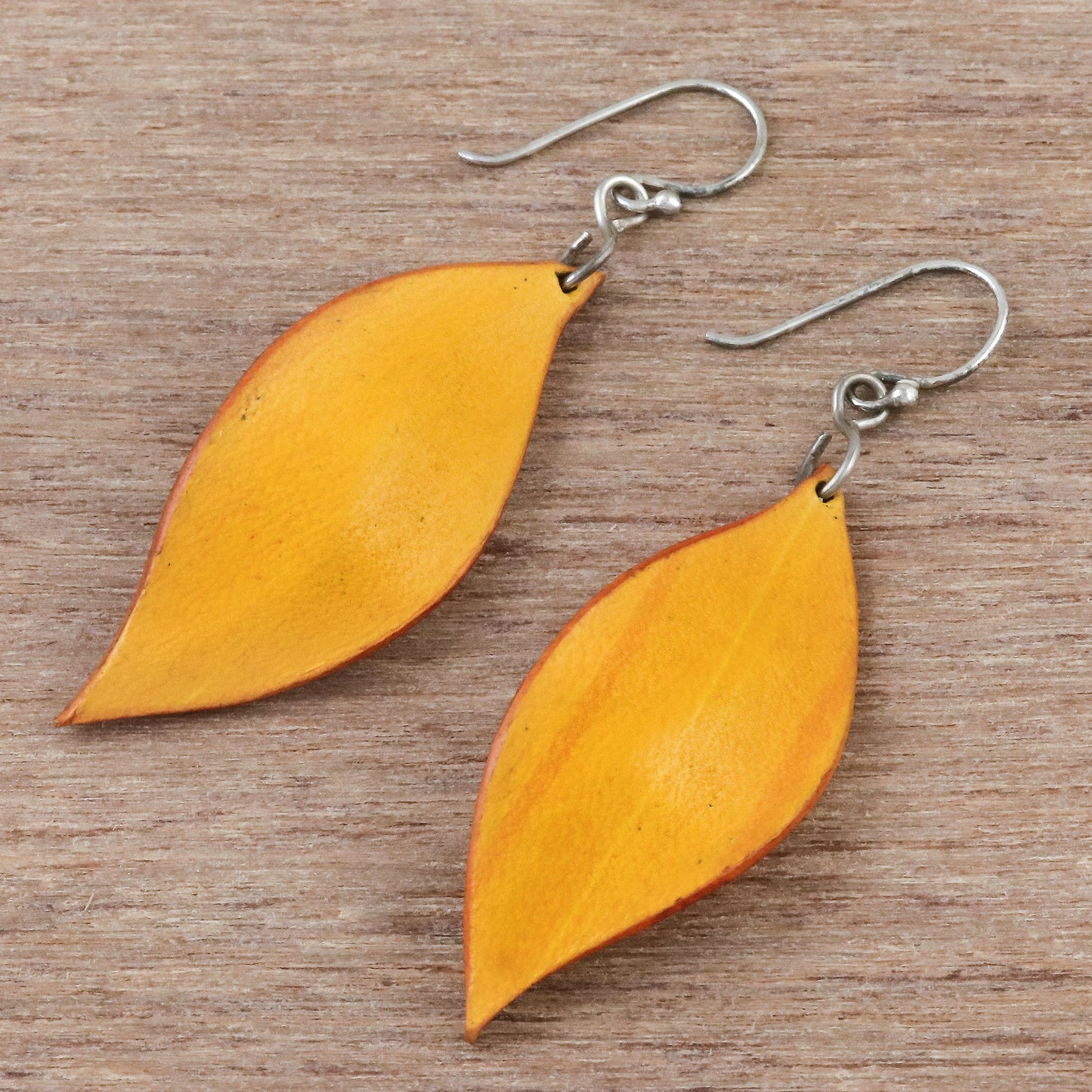 Fanciful Leaves in Yellow Leaf-Shaped Leather Dangle Earrings in Yellow from Thailand