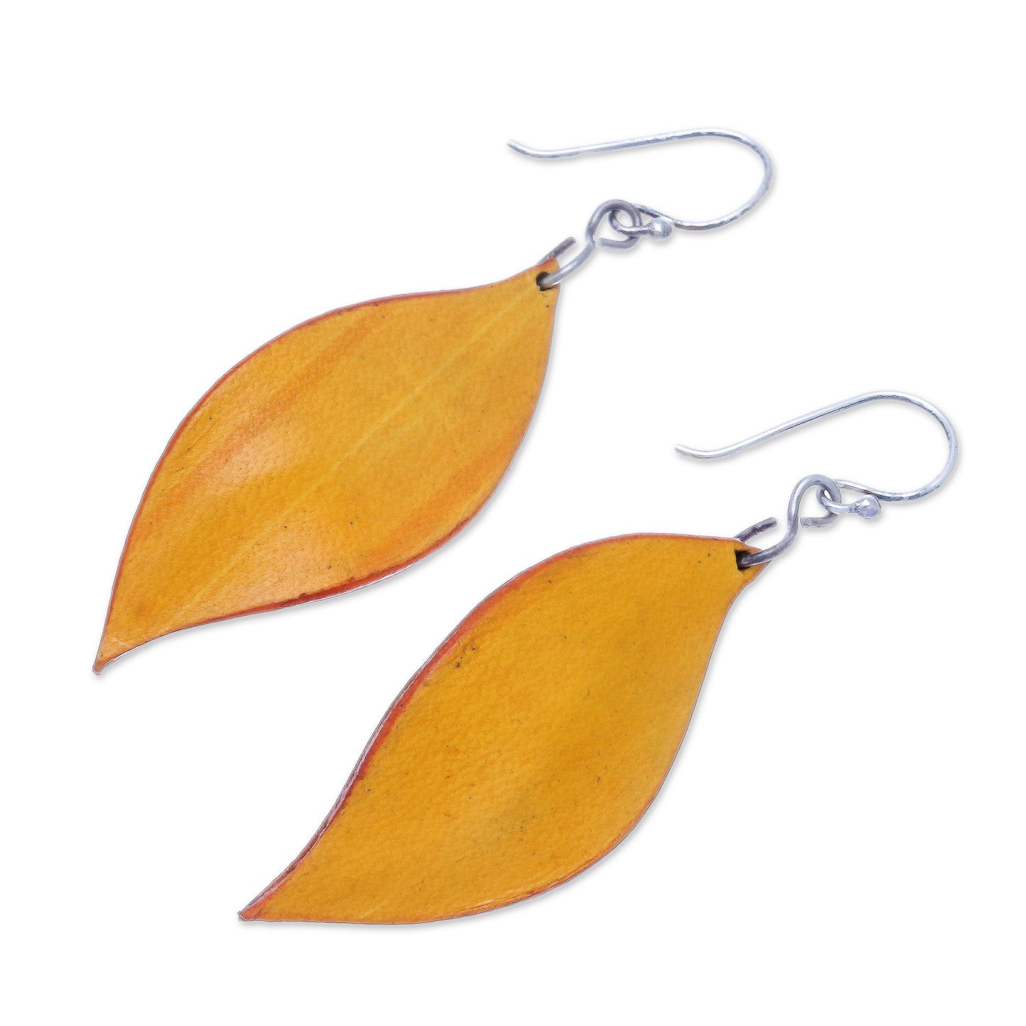 Fanciful Leaves in Yellow Leaf-Shaped Leather Dangle Earrings in Yellow from Thailand