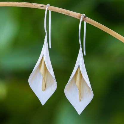 Serene Lily Floral Theme Handmade Gold Accented Sterling Silver Earrings