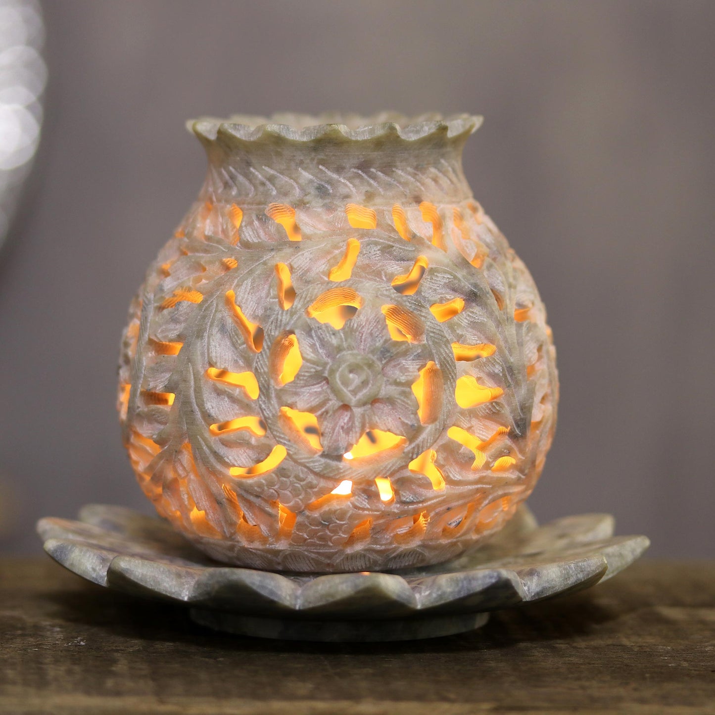 Light Bouquet Floral Soapstone Tealight Holder from India