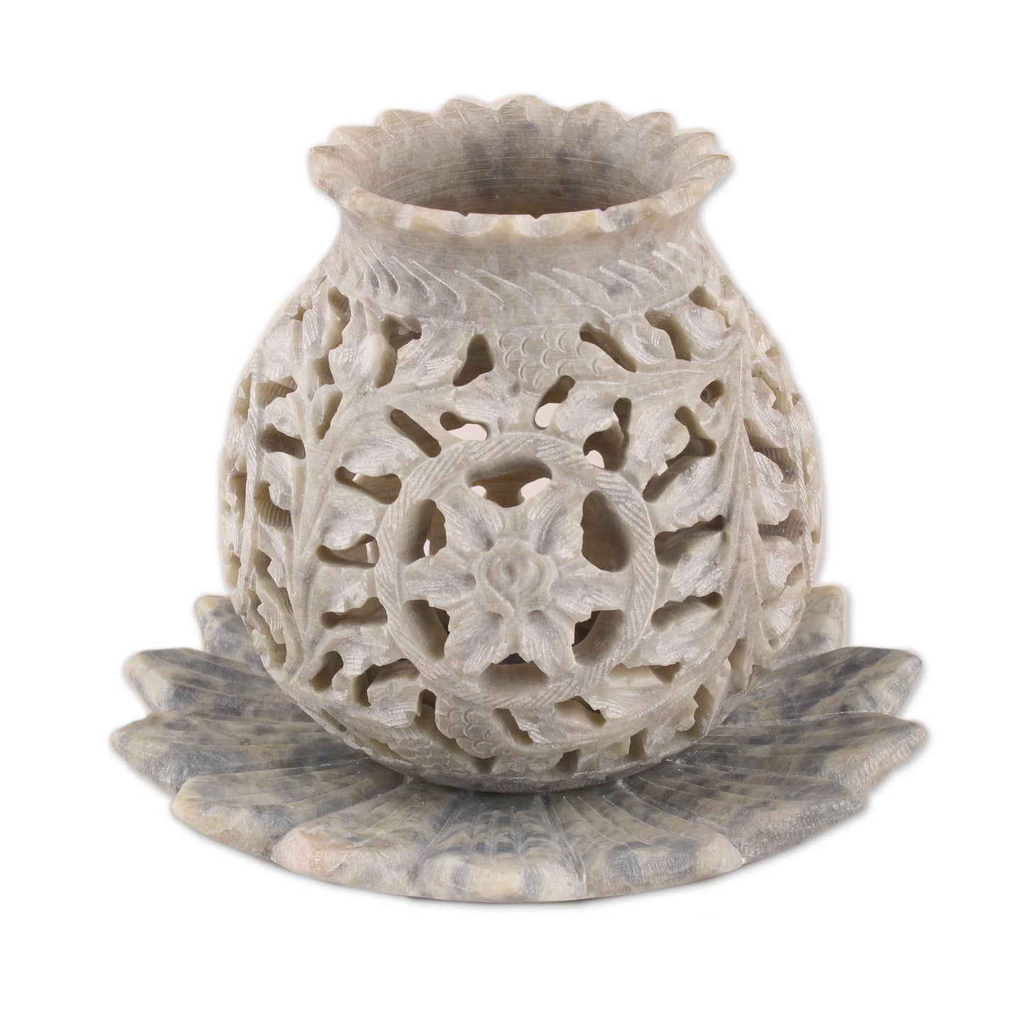 Light Bouquet Floral Soapstone Tealight Holder from India