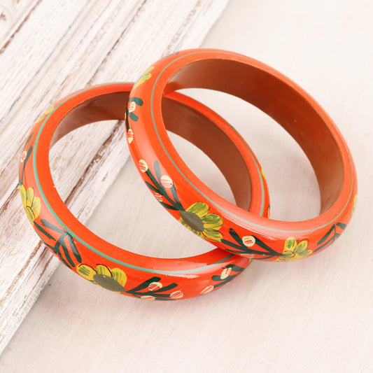 Vermilion Garden Floral Haldu Wood Bangle Bracelets in Vermilion (Pair)