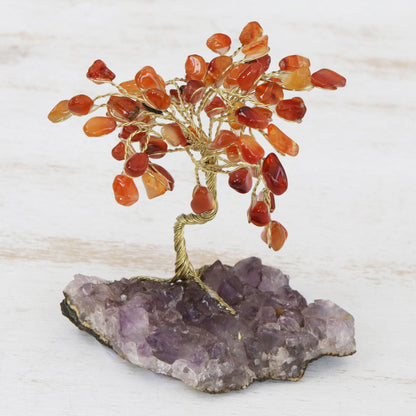 Little Tree Carnelian and Amethyst Gemstone Tree Sculpture from Brazil