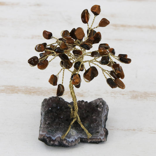 Little Tree Tiger's Eye and Amethyst Gemstone Tree Sculpture from Brazil