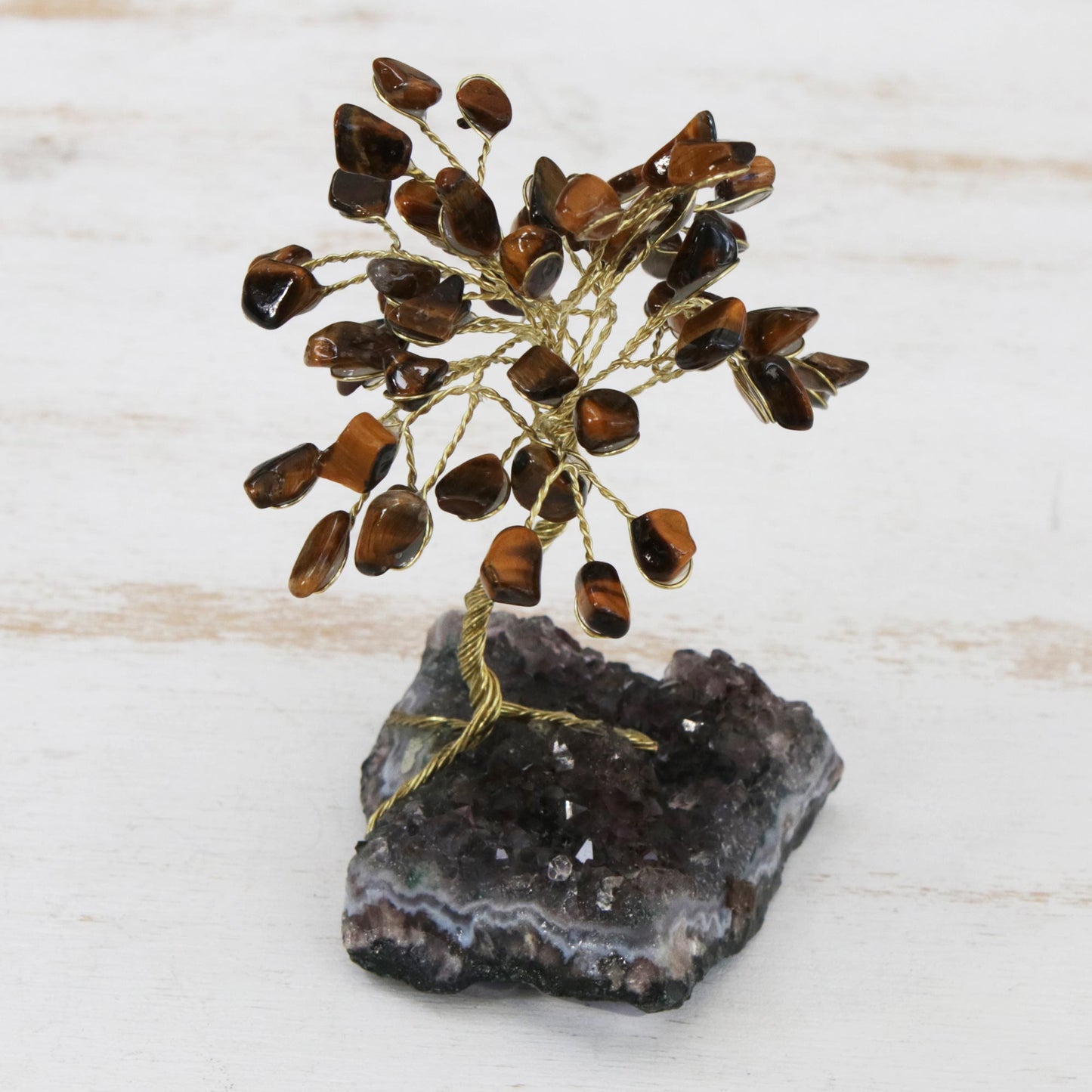 Little Tree Tiger's Eye and Amethyst Gemstone Tree Sculpture from Brazil