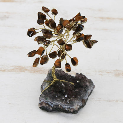 Little Tree Tiger's Eye and Amethyst Gemstone Tree Sculpture from Brazil