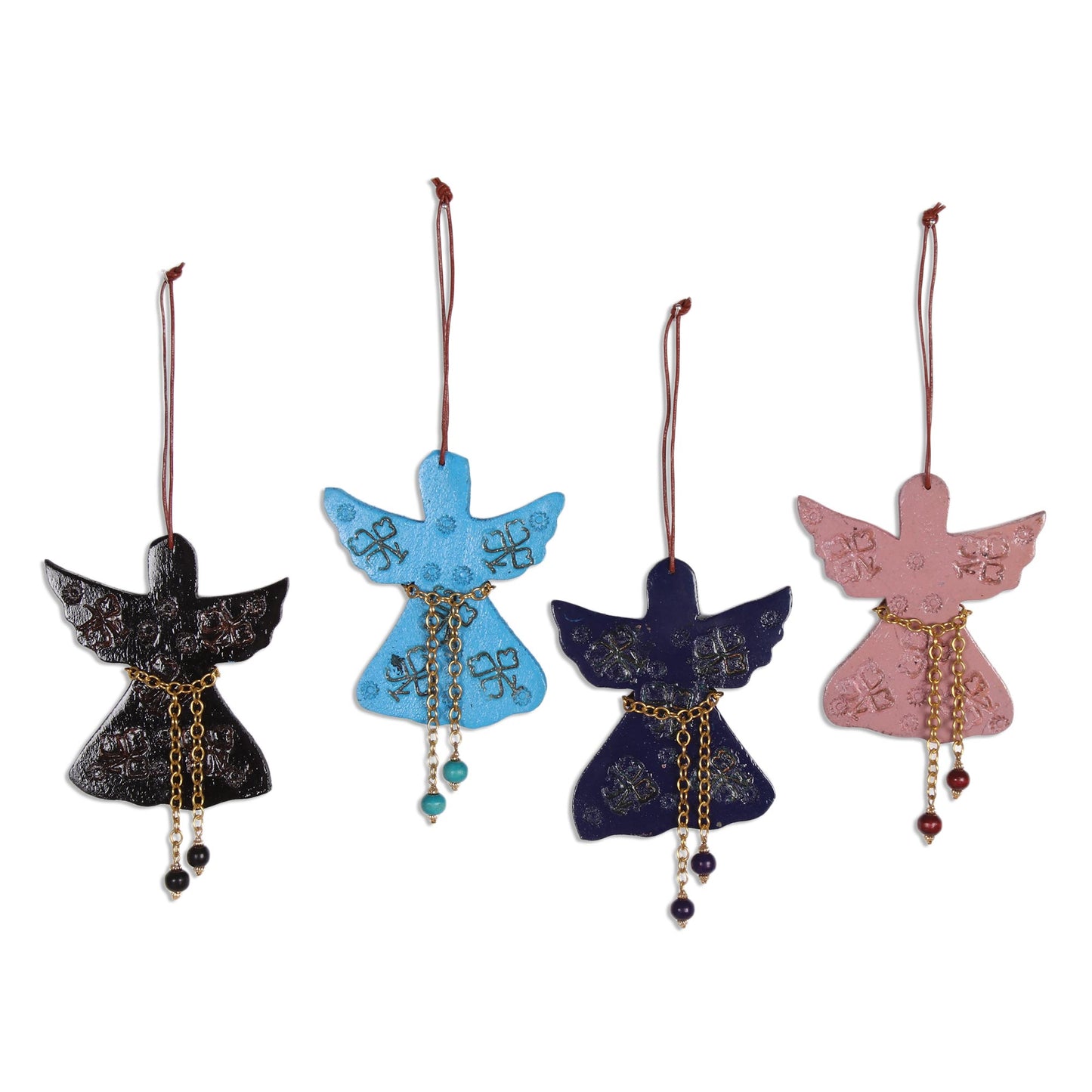 Seasonal Message Assorted Mango Wood Angel Ornaments from India (Set of 4)