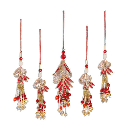 Holiday Gala Gold and Red Beaded Ornaments from India (Set of 5)