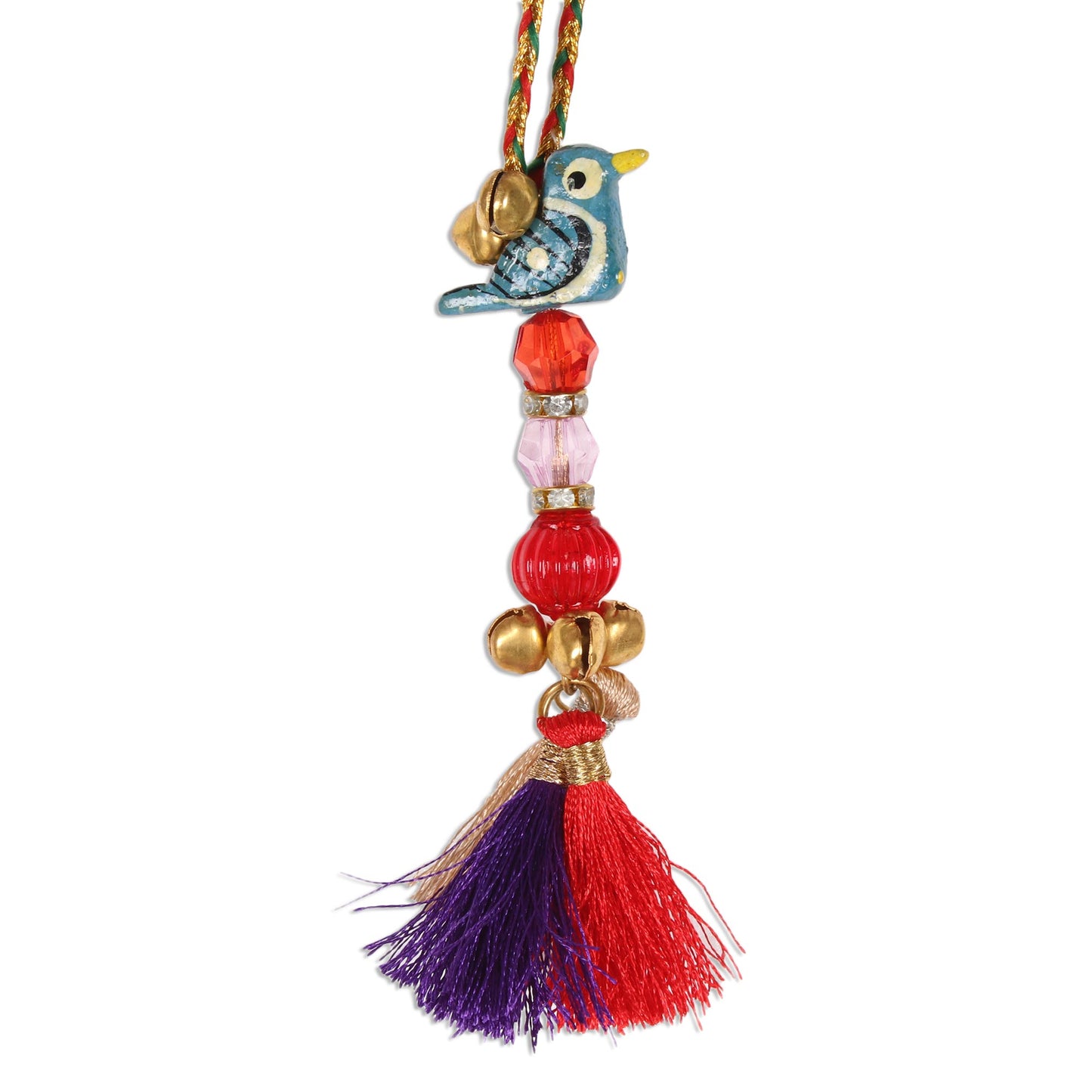 Chirping Birds Bird-Themed Wood Beaded Ornaments from India (Set of 4)