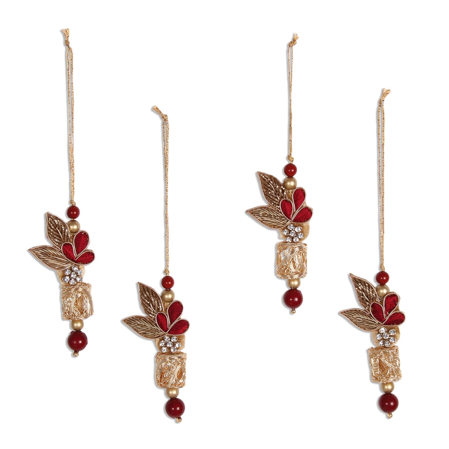 Gorgeous Quartet Red and Gold-Tone Beaded Ornaments from India (Set of 4)