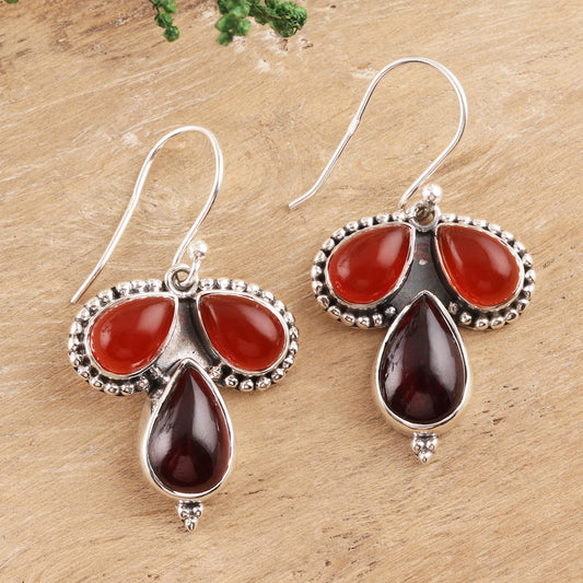 Droplet Trios Teardrop Carnelian and Garnet Dangle Earrings from India