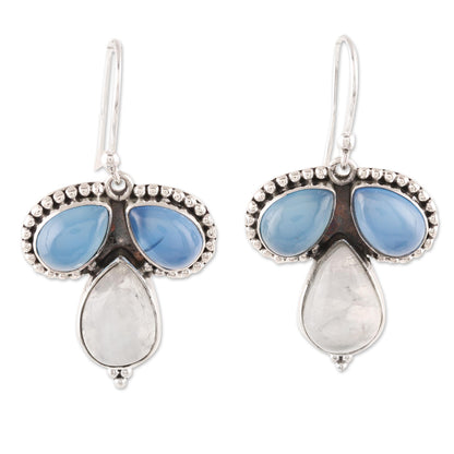 Droplet Trios Teardrop Chalcedony and Rainbow Moonstone Dangle Earrings