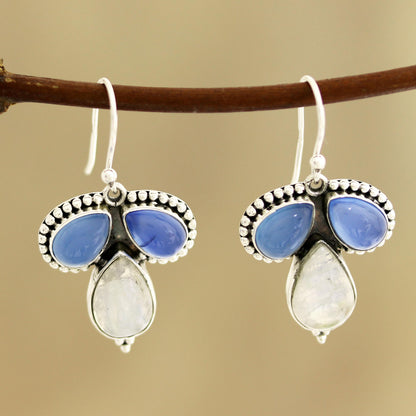 Droplet Trios Teardrop Chalcedony and Rainbow Moonstone Dangle Earrings