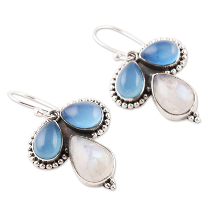 Droplet Trios Teardrop Chalcedony and Rainbow Moonstone Dangle Earrings