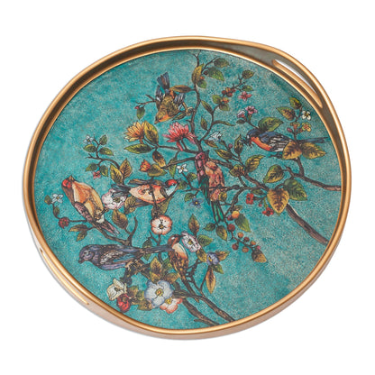 Birds of Spring Floral Reverse-Painted Glass Tray in Turquoise from Peru