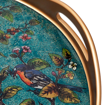 Birds of Spring Floral Reverse-Painted Glass Tray in Turquoise from Peru