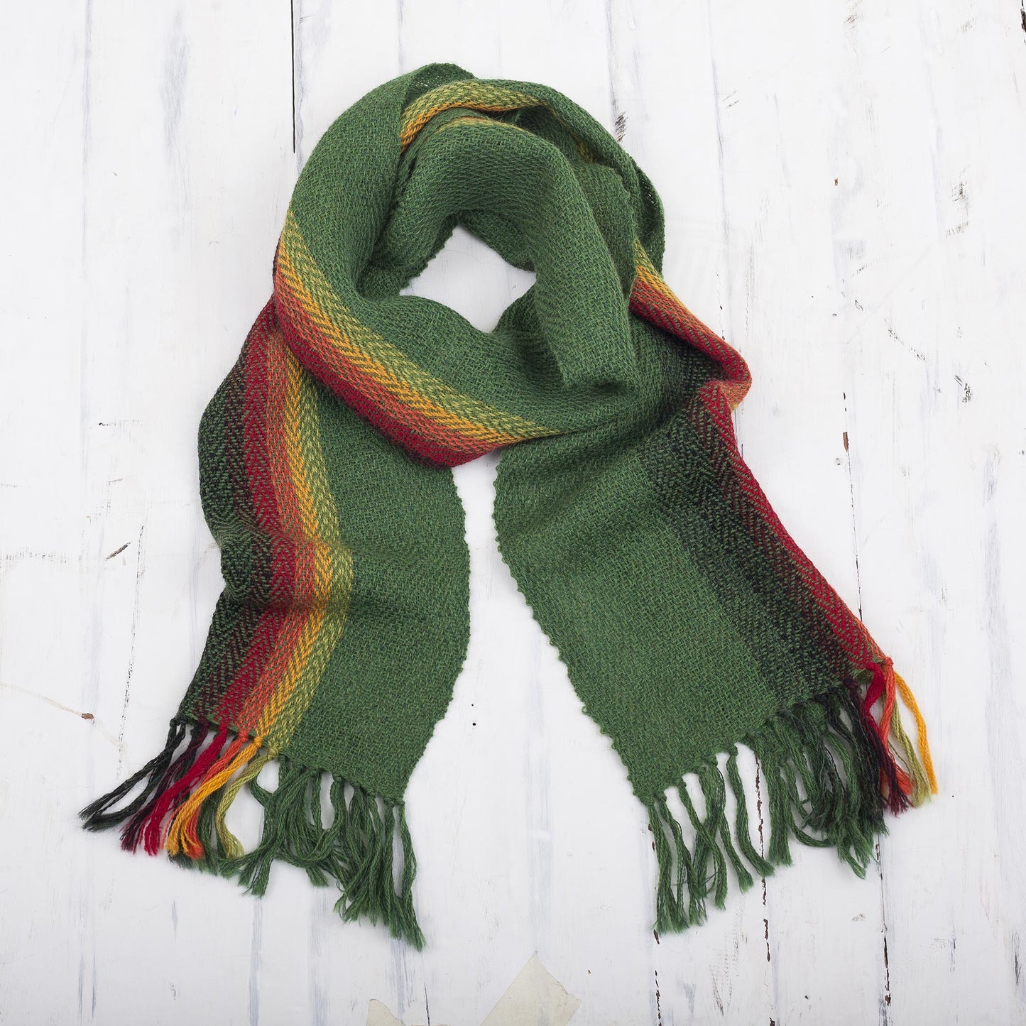 Moss Rainbow Green and Multicolored 100% Alpaca Wrap Scarf from Peru