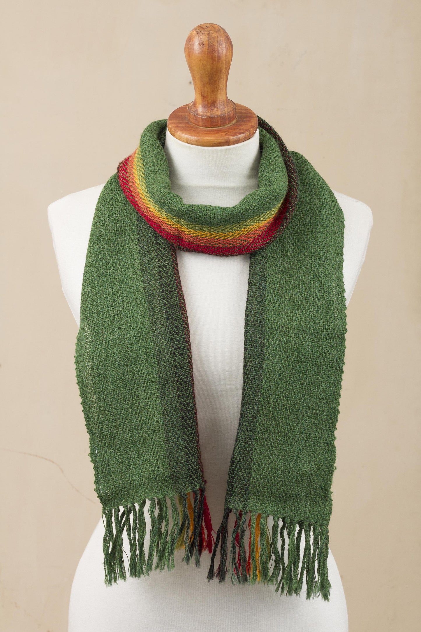 Moss Rainbow Green and Multicolored 100% Alpaca Wrap Scarf from Peru