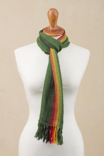 Moss Rainbow Green and Multicolored 100% Alpaca Wrap Scarf from Peru