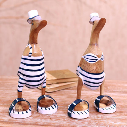 Beachside Ducks Bamboo Root and Wood Duck Beach Goer Sculptures (Pair)