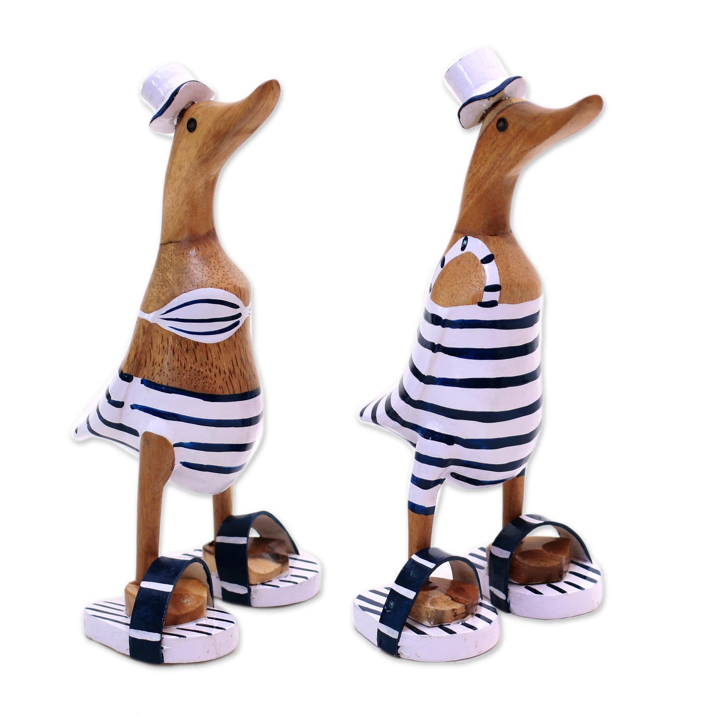 Beachside Ducks Bamboo Root and Wood Duck Beach Goer Sculptures (Pair)