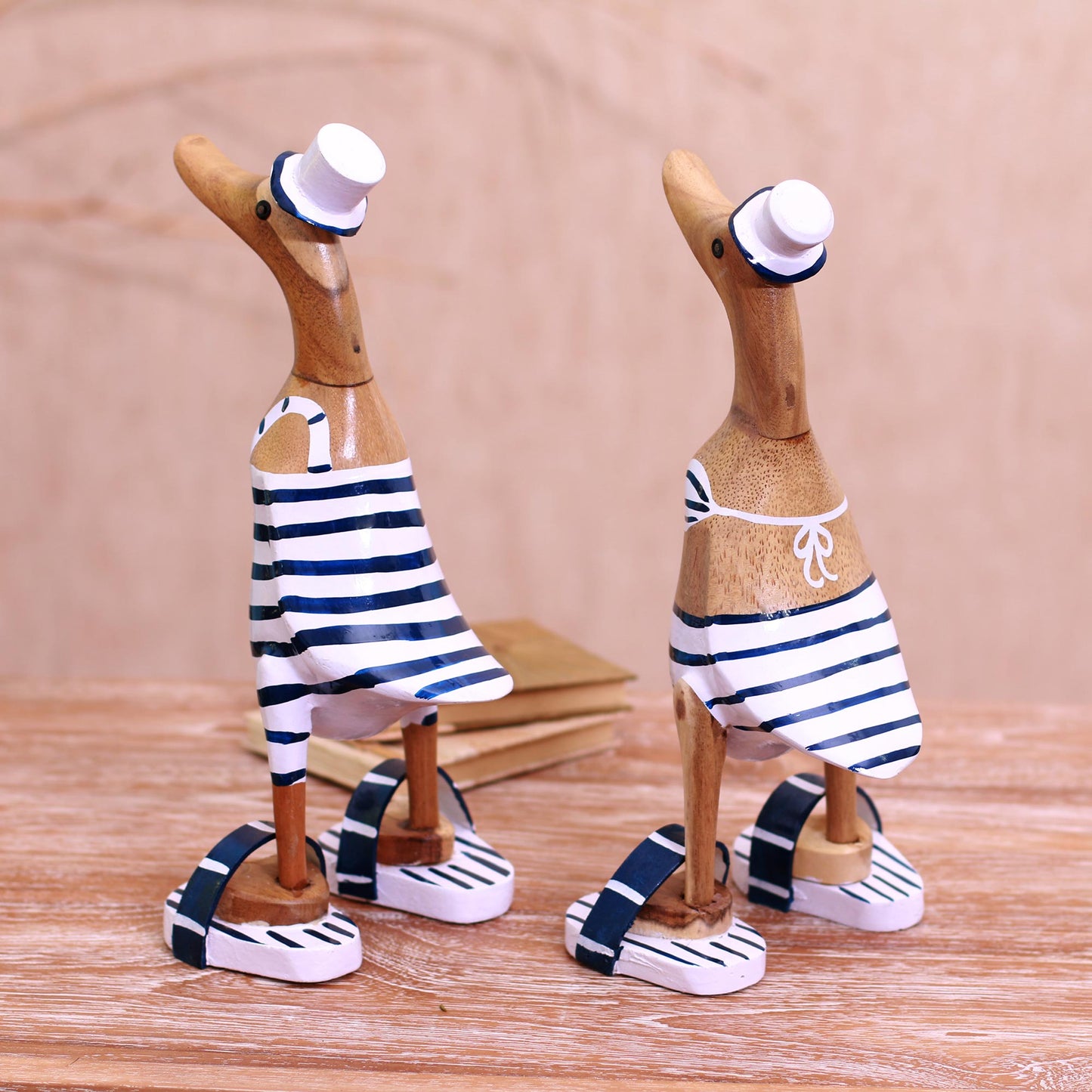 Beachside Ducks Bamboo Root and Wood Duck Beach Goer Sculptures (Pair)