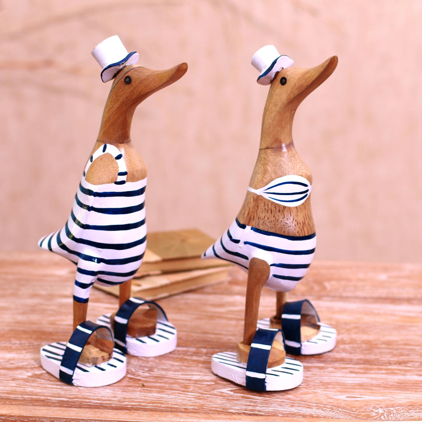 Beachside Ducks Bamboo Root and Wood Duck Beach Goer Sculptures (Pair)