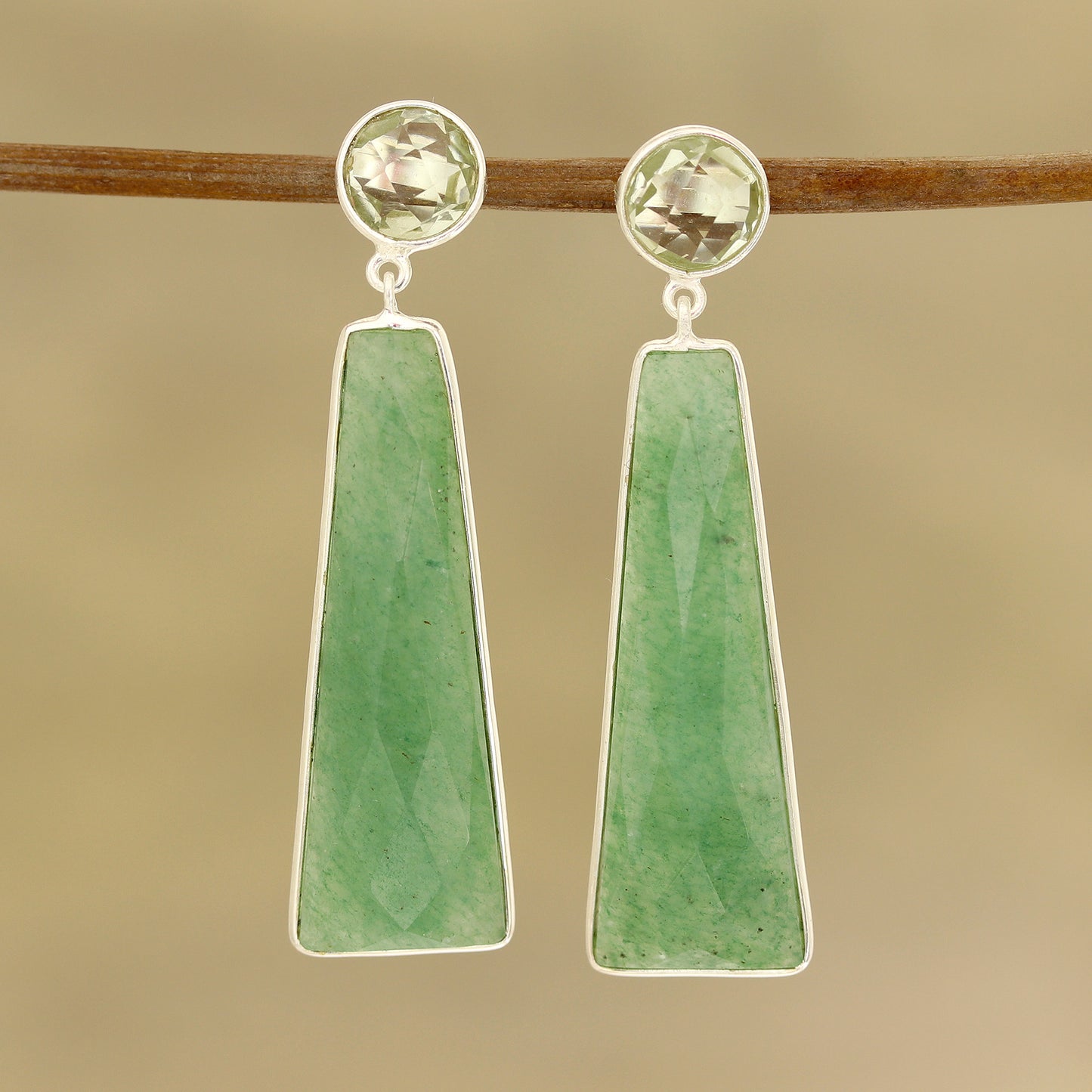 Green Towers Aventurine and Prasiolite Dangle Earrings from India