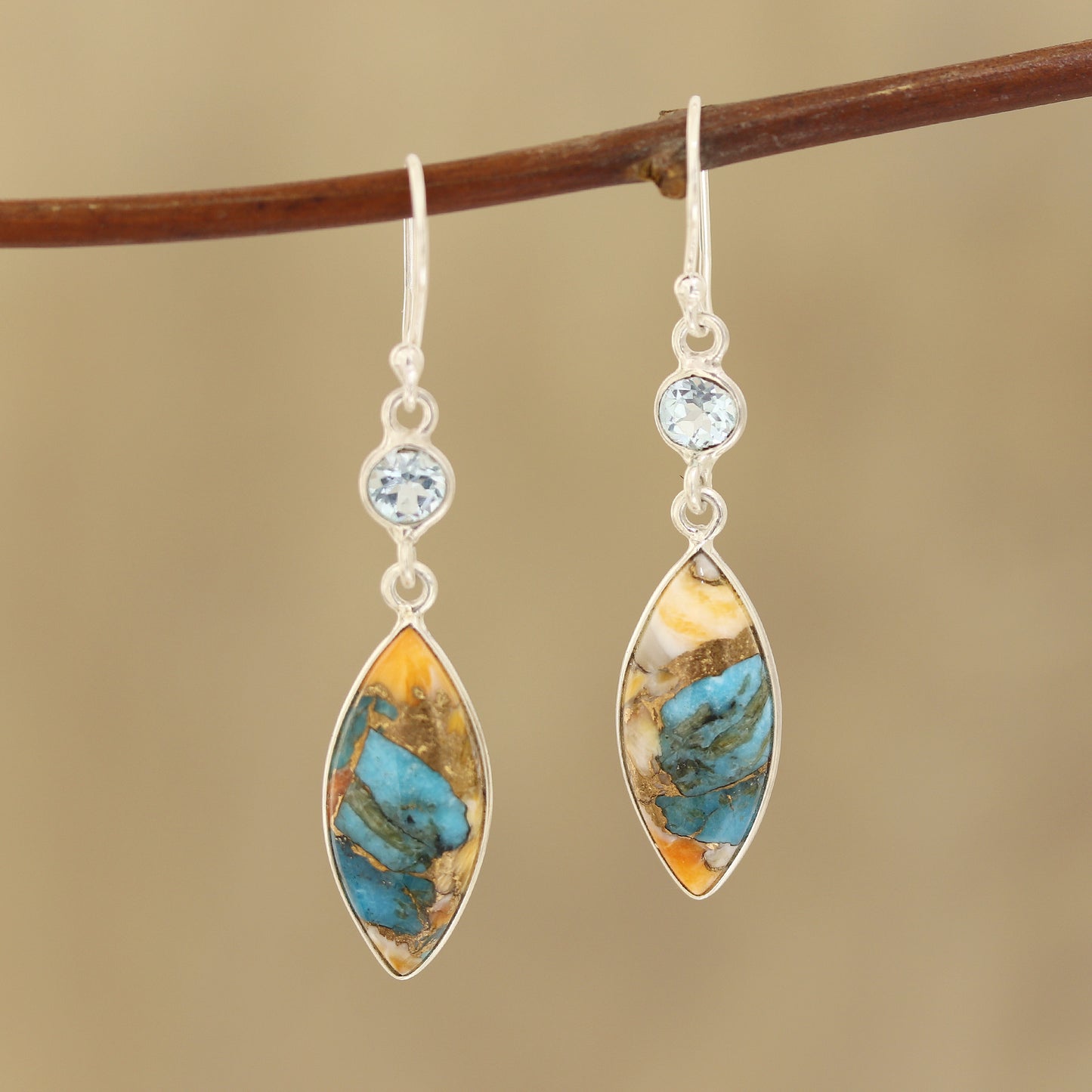 Elegance of the Beach Blue Topaz and Composite Turquoise Dangle Earrings