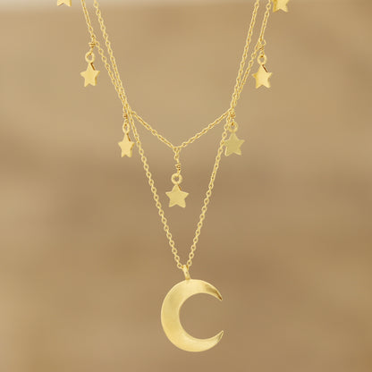 Celestial Gleam Gold Plated Sterling Silver Moon and Star Necklace