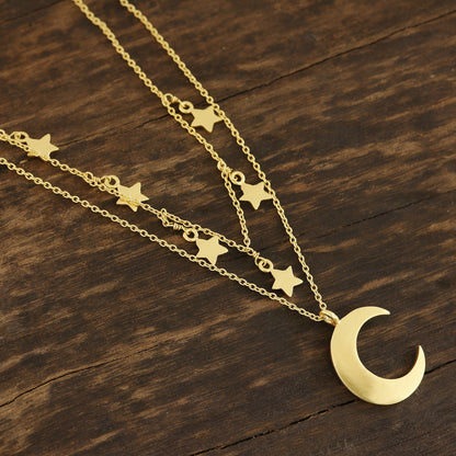 Celestial Gleam Gold Plated Sterling Silver Moon and Star Necklace