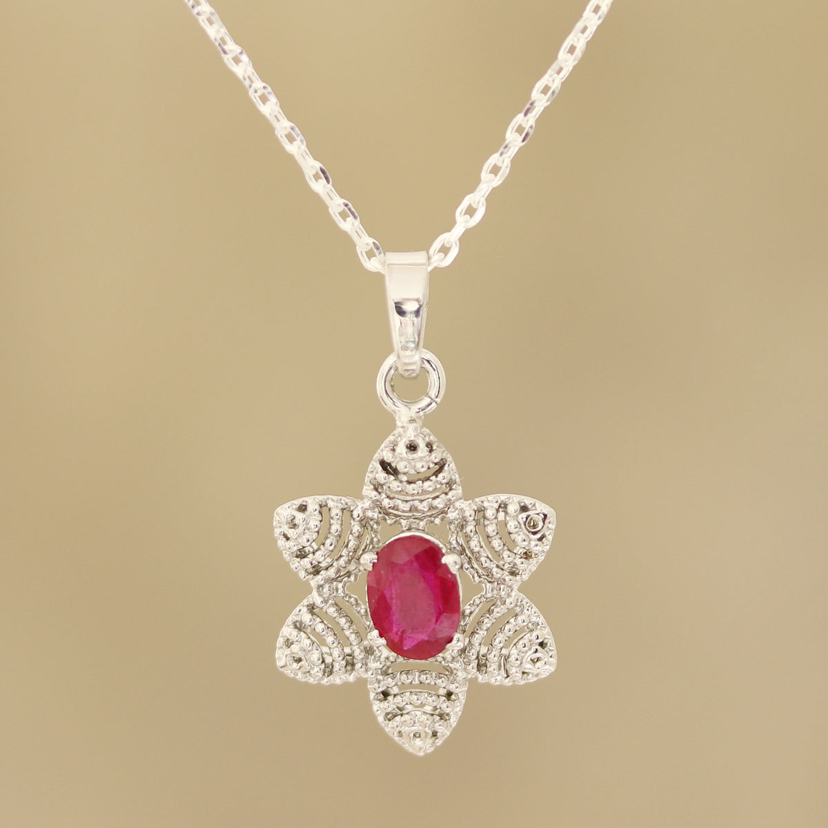 Foral Design Ruby NOVICA Snow Flower Foral Faceted Ruby Pendant Necklace from India ...