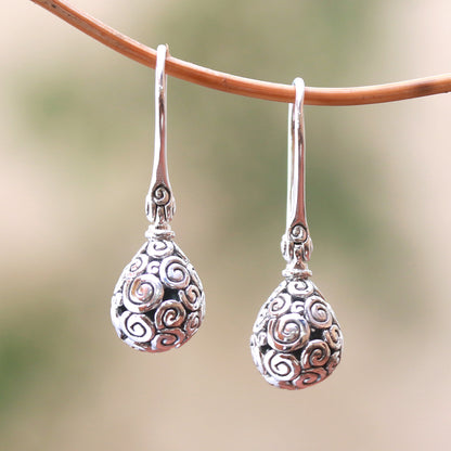 Buddha's Dew Curl Pattern Drop-Shaped Sterling Silver Earrings from Bali