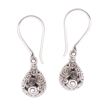 Buddha's Dew Curl Pattern Drop-Shaped Sterling Silver Earrings from Bali