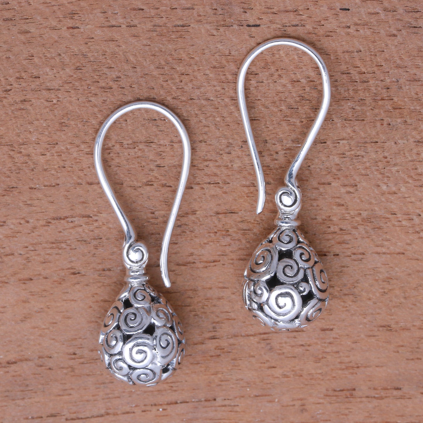 Buddha's Dew Curl Pattern Drop-Shaped Sterling Silver Earrings from Bali