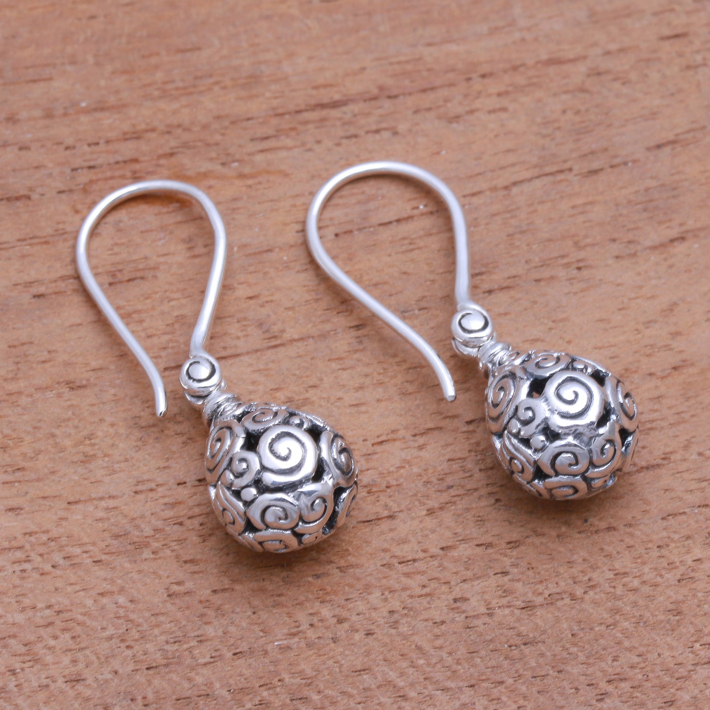 Buddha's Dew Curl Pattern Drop-Shaped Sterling Silver Earrings from Bali