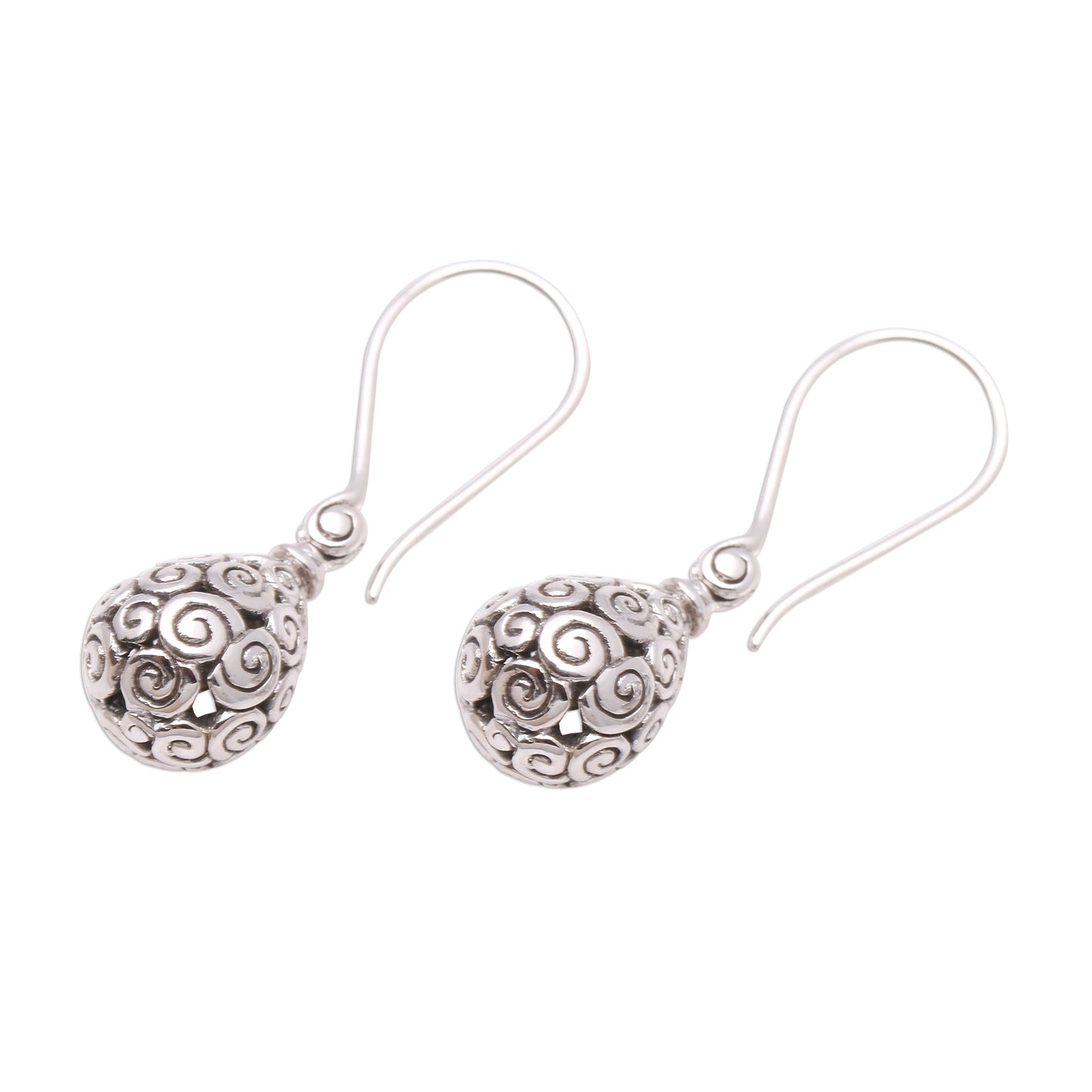 Buddha's Dew Curl Pattern Drop-Shaped Sterling Silver Earrings from Bali