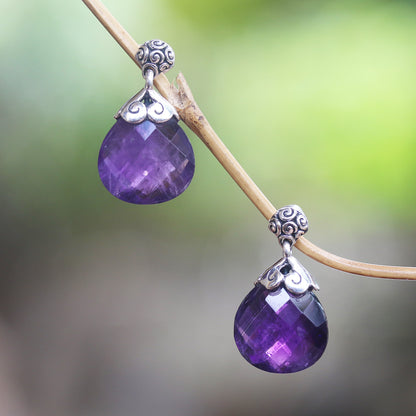 Sparkling Buddha 20-Carat Amethyst Dangle Earrings from Bali