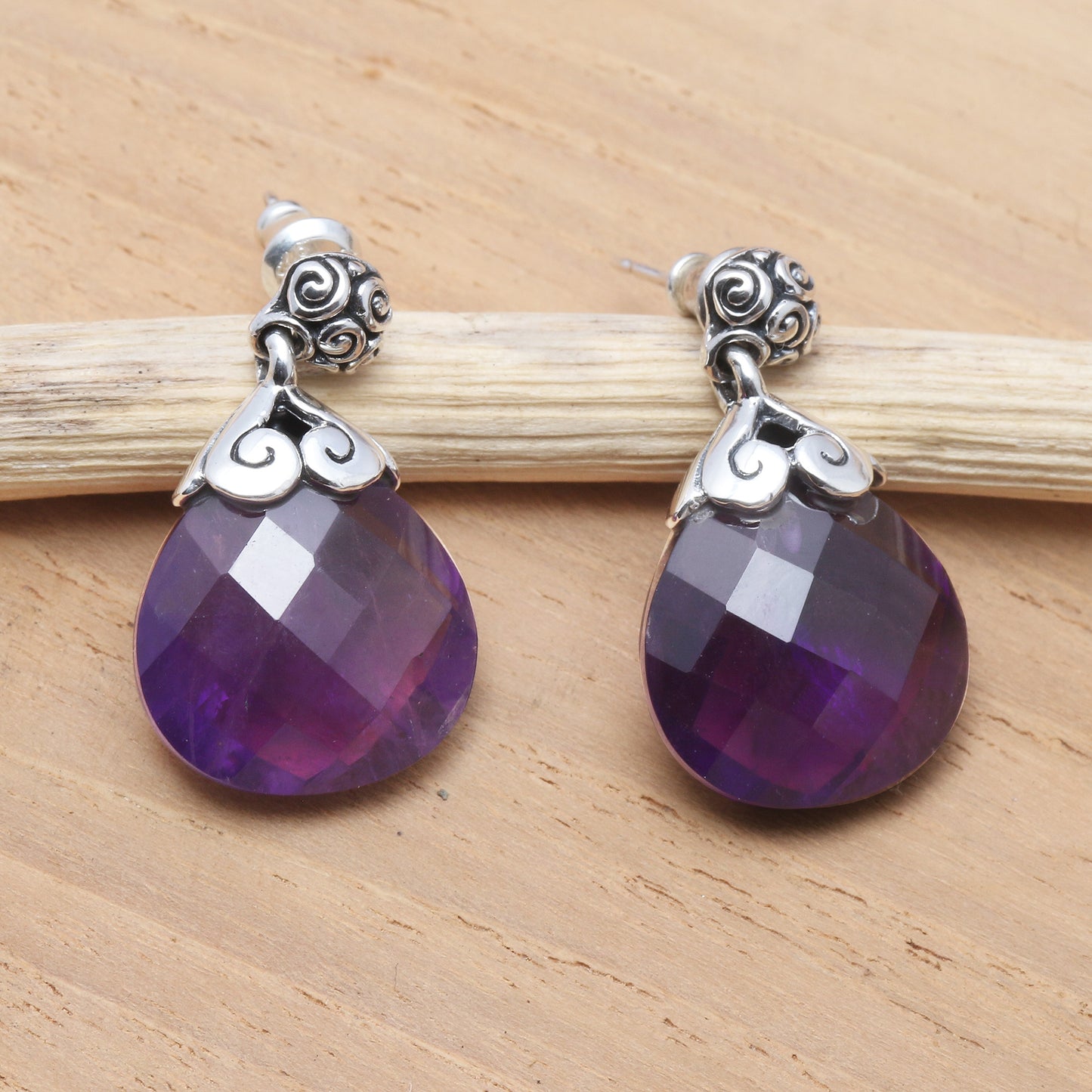 Sparkling Buddha 20-Carat Amethyst Dangle Earrings from Bali