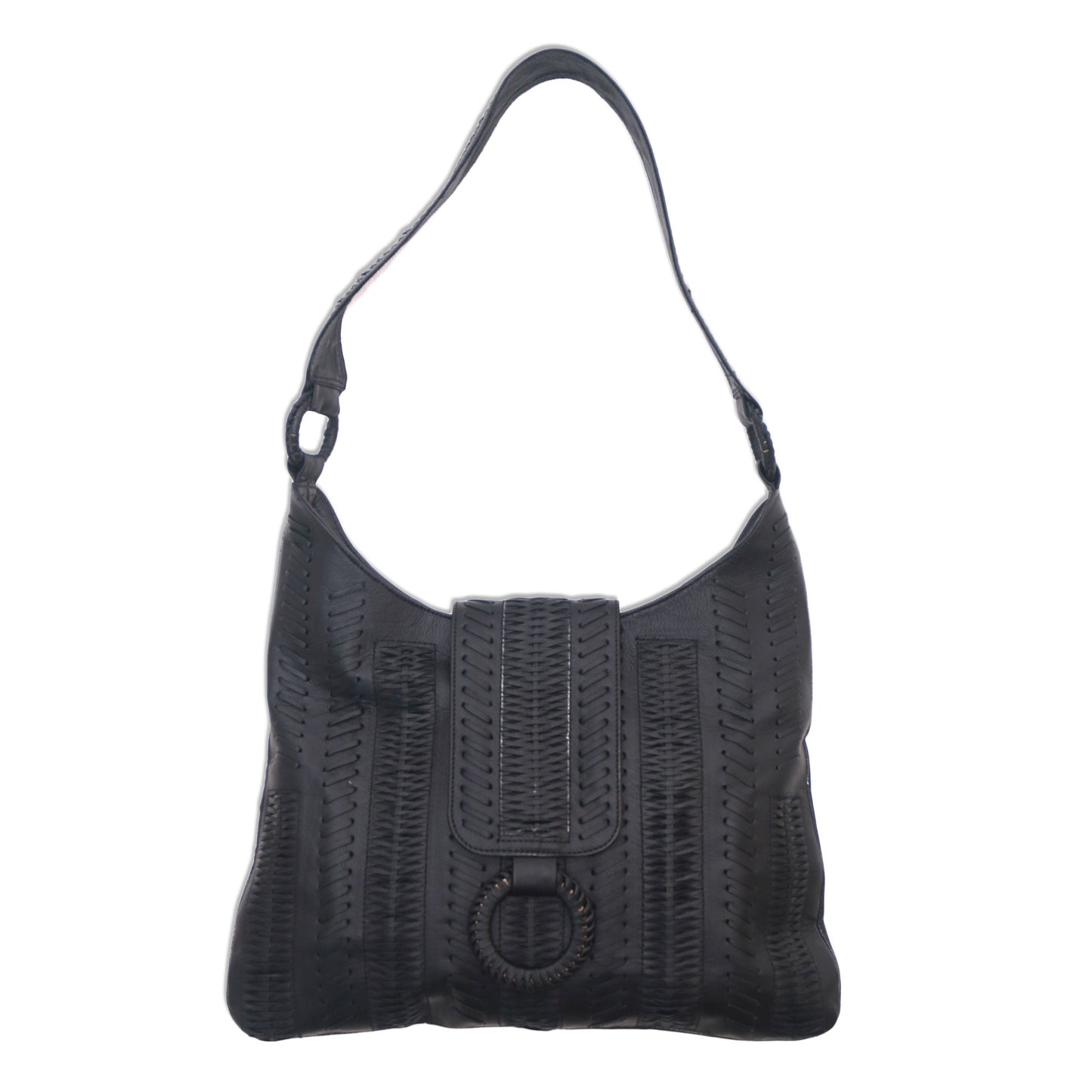 Onyx Anyaman Patterned Leather Hobo Handbag in Onyx from Bali