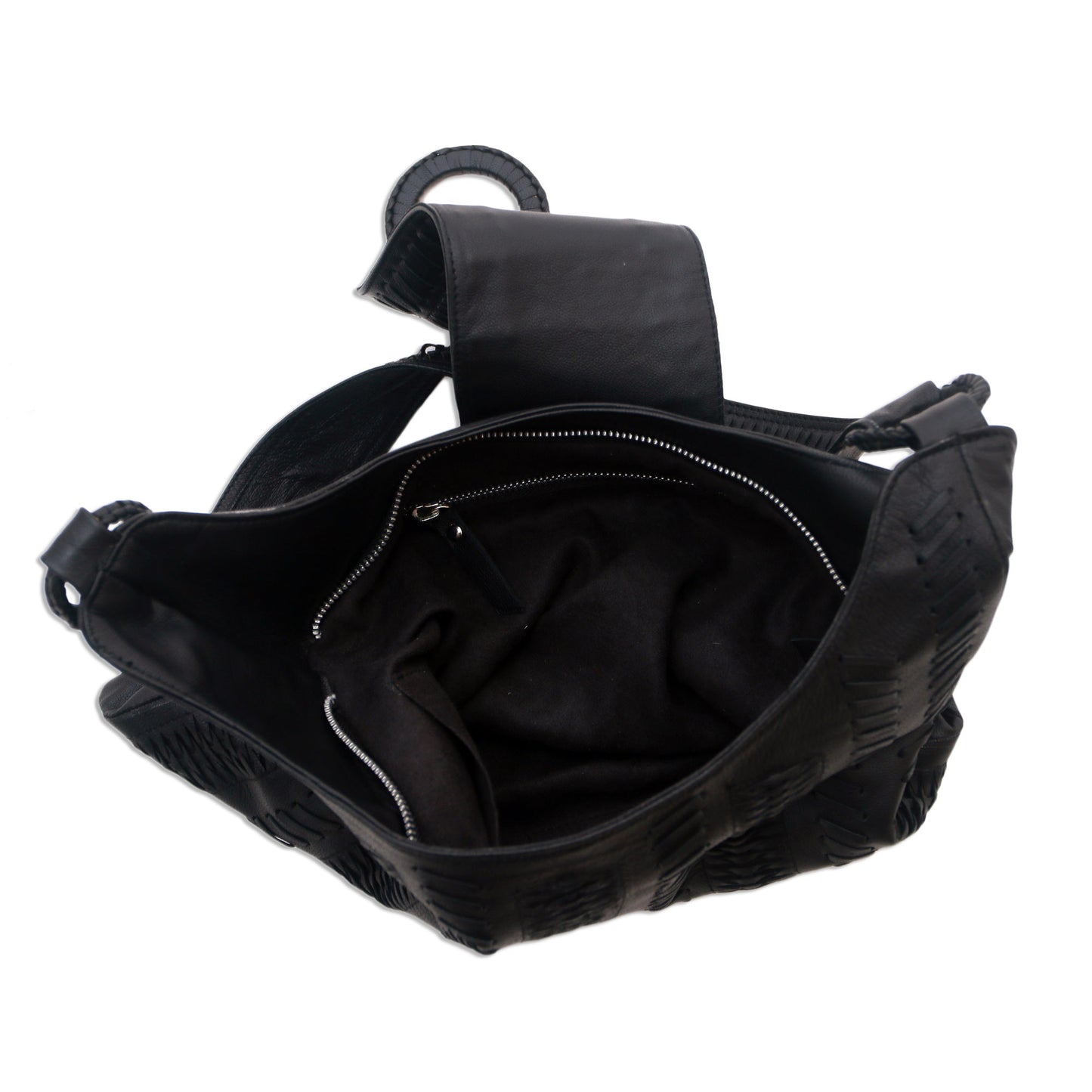 Onyx Anyaman Patterned Leather Hobo Handbag in Onyx from Bali