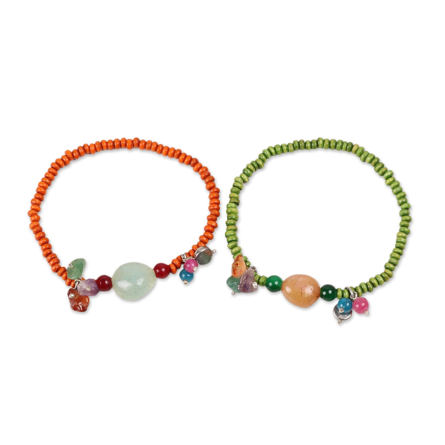 Boho Colors Quartz and Wood Beaded Stretch Bracelets from India (Pair)